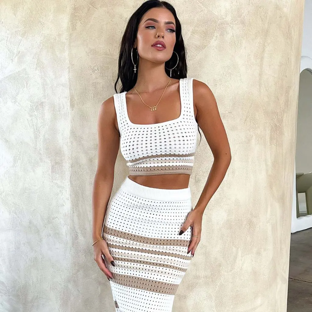 European And American Women's Summer Sleeveless Vest And Split Striped Skirt Knitted Suit Sexy Casual Ensemble