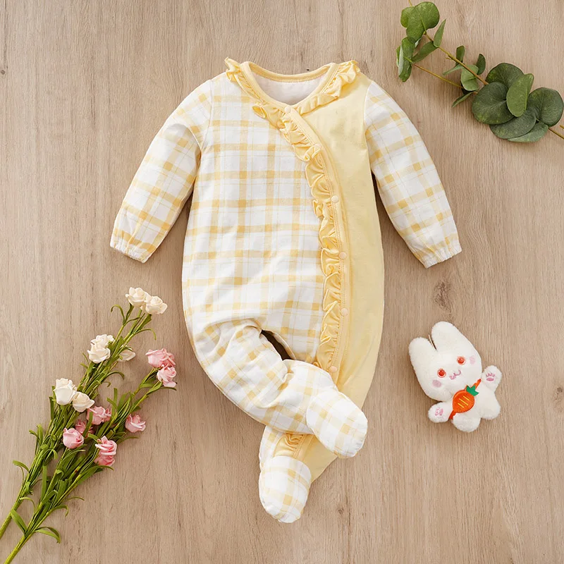 Infant Yellow grid Print 0-12 months  Bodysuit Spring and Autumn comfort cotton Long Sleeve Baby one-piece foot covered pajamas