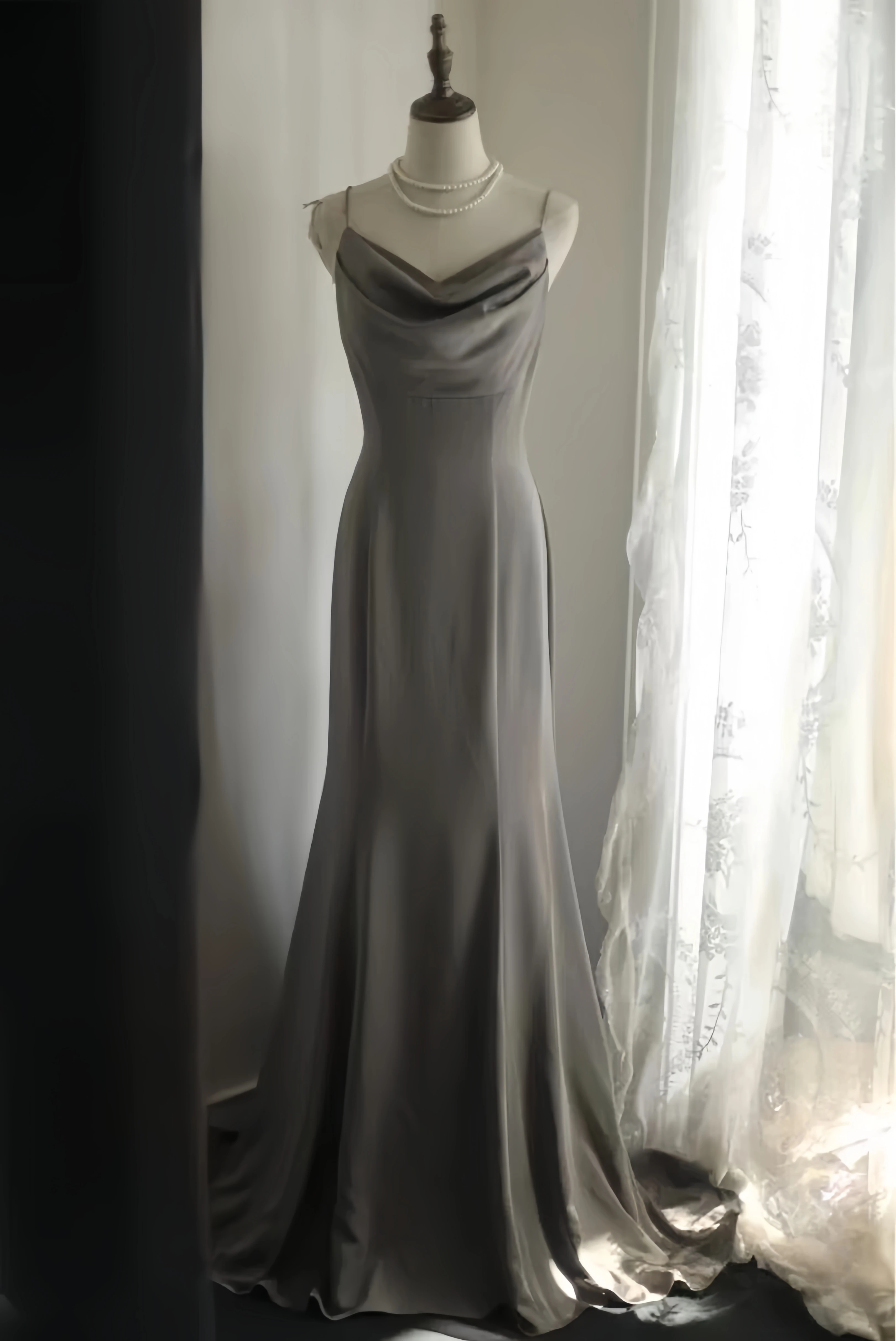 Elegant Prom Dress Gray Tone French Retro V-Neck Satin Slip Maxi Fishtail Skirt Chic Slimming Lady Weddings Parties Gown