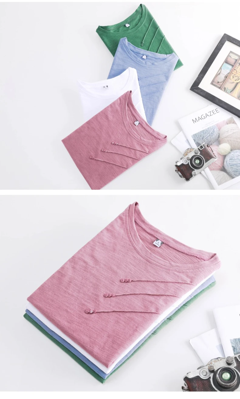 AOSSVIAO 2026 Summer Solid Color Women's T-Shirts Slub Cotton O-Neck Short Sleeve T-Shirt Loose Casual Simple Button Basic Top