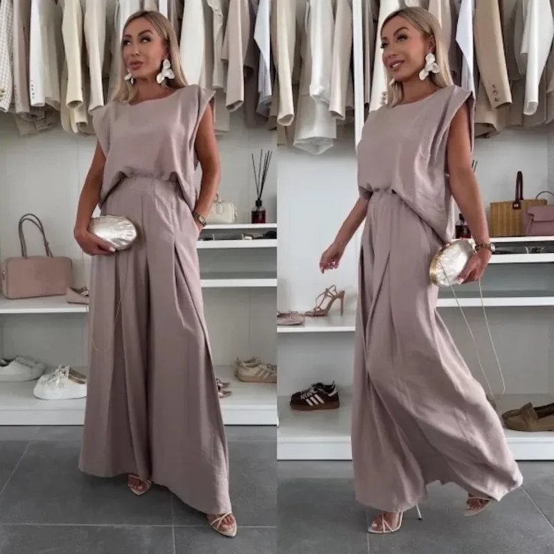 

Повседневная одежда, спортивный костюм, уличная одежда, летний женский свободный комплект из двух предметов, элегантная рубашка без рукавов Y2K, топ, широкий брючный костюм