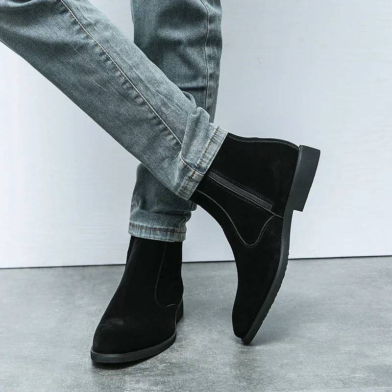 Botas de couro chelsea de lã invertida masculina, cano alto, zíper lateral, estilo europeu e americano, preto, marrom, moda masculina, 38-46