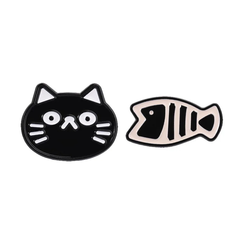 Black White Cartoon Cat Fish Bone Combination Brooch Cute Little Animal Drip Oil Pin Backpack Clothing Badge Brooch for Clothes