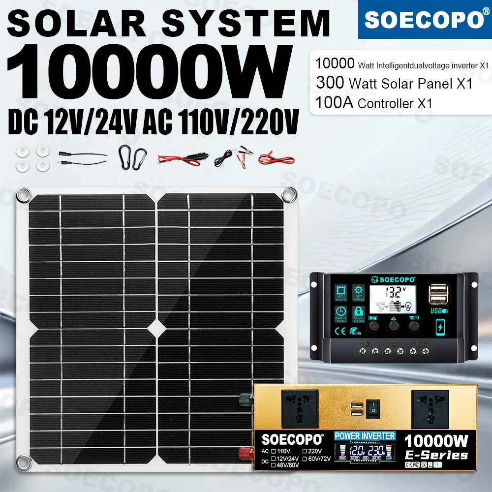 10000W Solar Kit High Conversion Rate Stable Output(300W Panel 100A Controller 12V/24V Dual Voltage LCD Inverter)for lawn Party