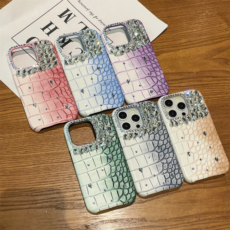 Glitter Diamond Leather Crocodile Skin Pattern Phone Case For iPhone 15 14 13 12 11 Pro Max 12 Mini 14 Plus Rhinestone Cover