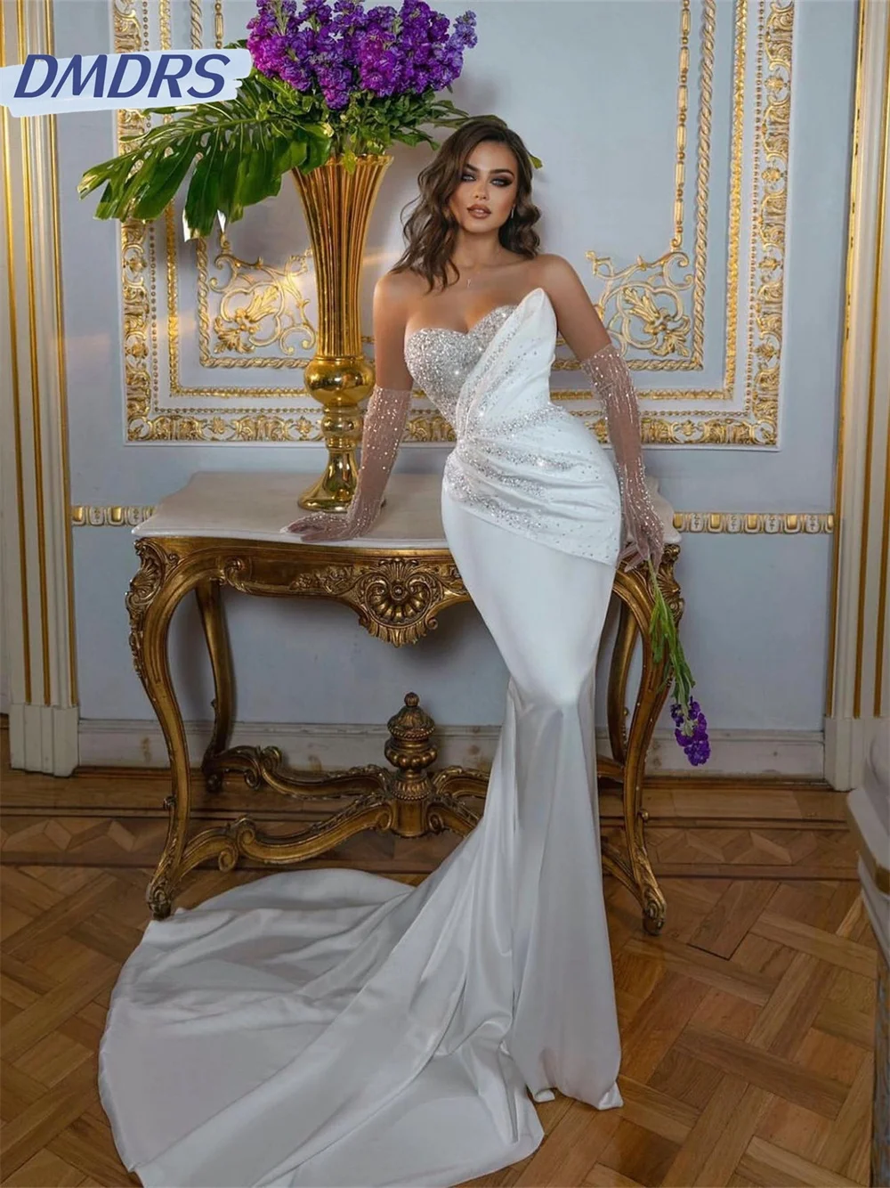 Elegant Strapless Wedding Dress 2024 Classic Sleeveless Evening Gown Simple Side Slit Wedding Gown Robe De Mariee