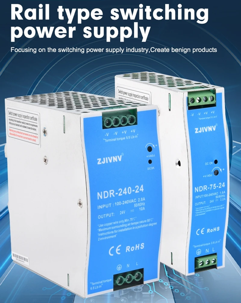 

ZJIVNV Switching Power Supply NDR-75W 120W 150W 240W 480W DIN Rail Power Transformer AC 90-264V To DC 12V 24V 48V