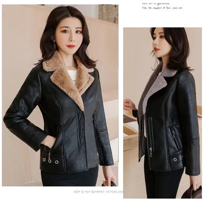 Neue Winter PU Leder Jacke Frauen Kurze Blazer Mantel Fleece doppelseitigen Pelz Leder Oberbekleidung Dame Dünne Anzug Tops jacken