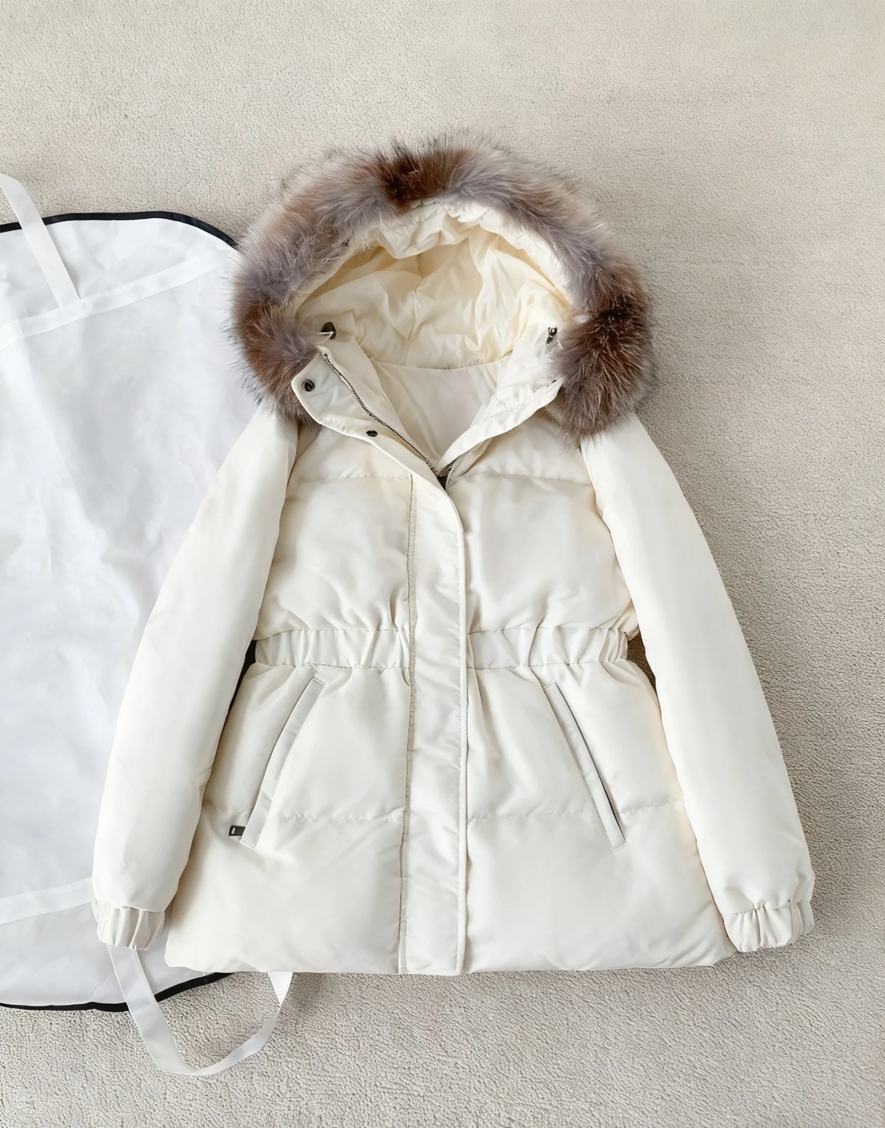 2025 Winter White Puffer Jacket Women's Real Fox Fur Hooded Drawstring Waist Warm Quilted Coat Fashion Mid-Length Down Jacket