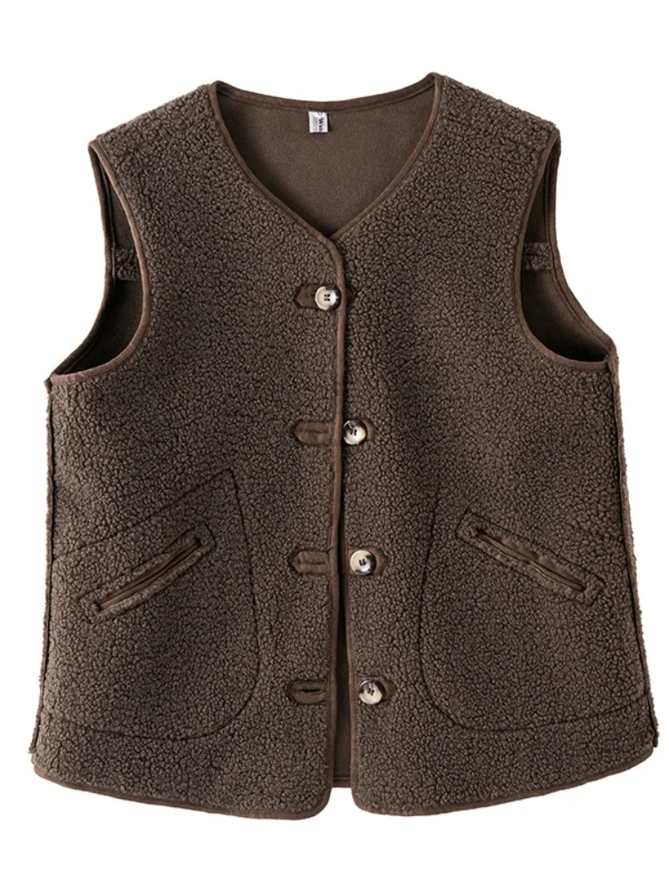 

Модный женский зимний жилет из овечьего меха, маленький размер, многослойный, с подплечниками, теплый, с V-образным вырезом, из полиэстера