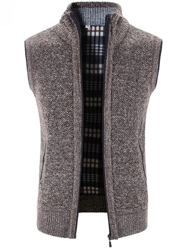 

Men's Korean Version Solid Color Knitted Cardigan Vest Outerwear New Style Spring Autumn Thickened Fleece Lined Stand Collar