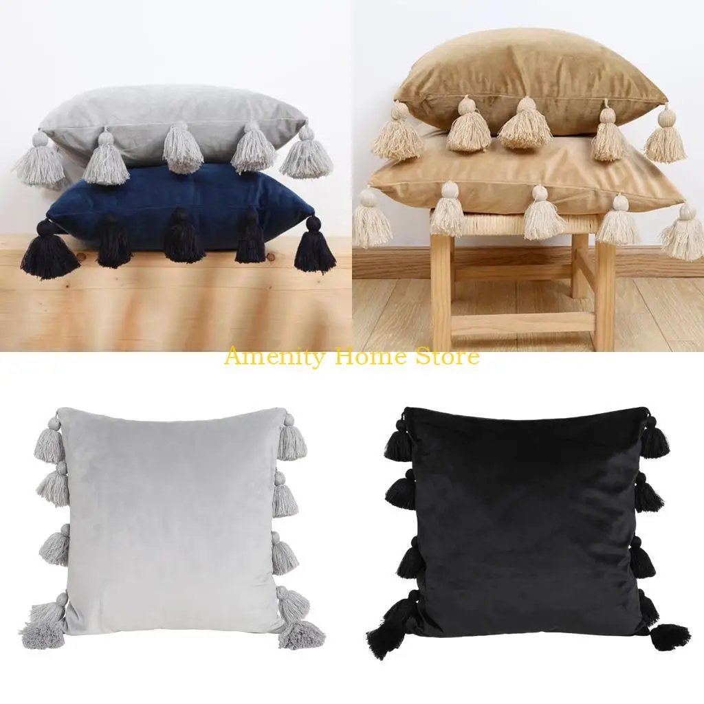 

F26C Velvets Tassels Fringes Throw Pillow Cover Bohemian Protectors Cushions Cover Home Decoration Accessory for Sofa and Car