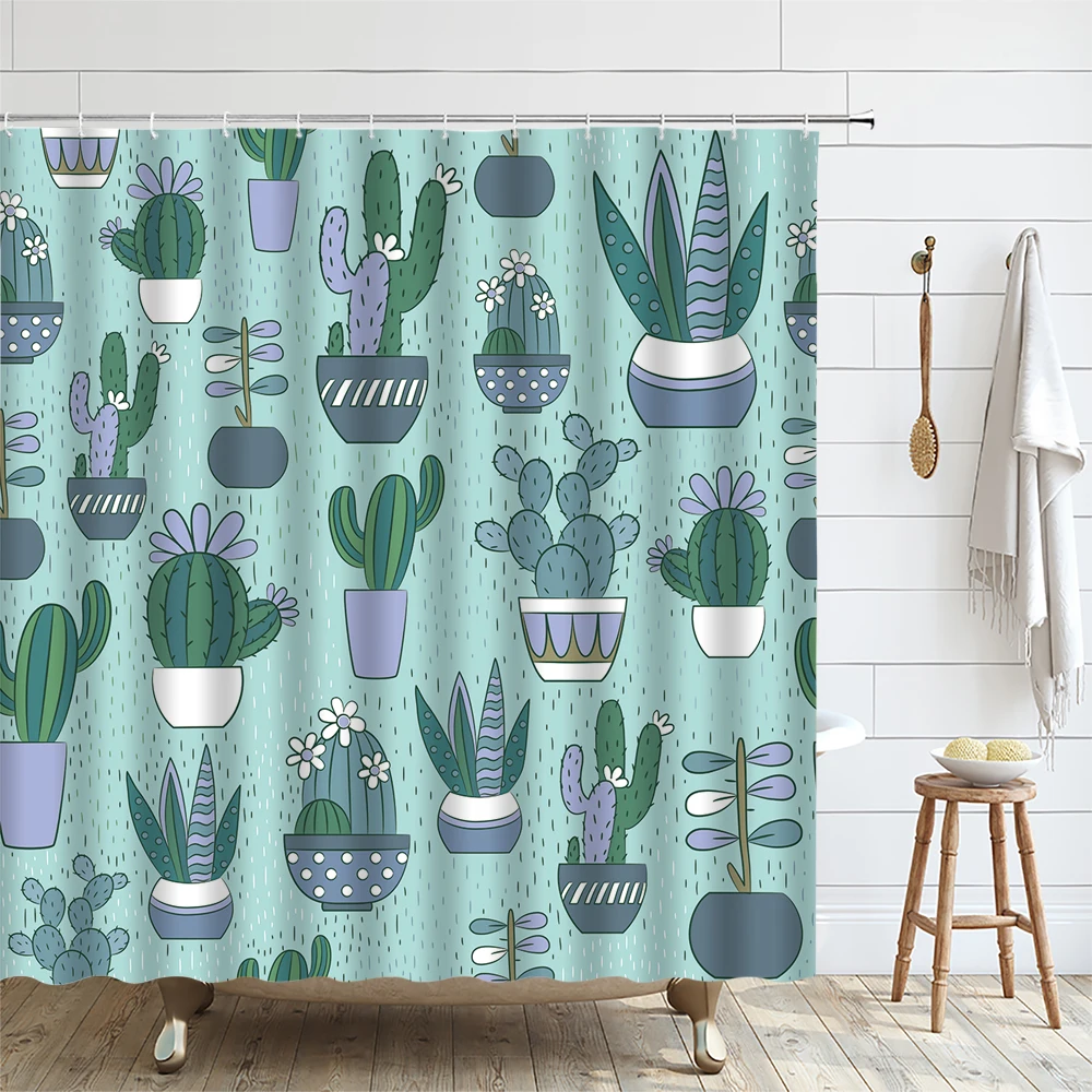 Potted Plants Shower Curtain Green Plant Cactus Succulents Botanical Tropical Fresh Fabric Bathroom Decor Curtains Include Hooks