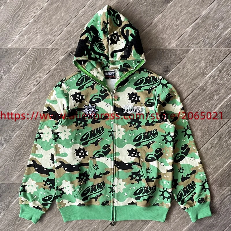 Green Camouflage Glo Gang The Glory Full Zip Cardigan Hoodie Men Women High Quality Vintage Oversized Hooded