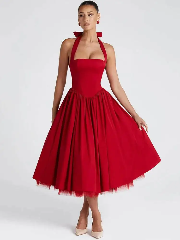 

Элегантное женское платье миди А-силуэта с квадратным вырезом, без рукавов, с завышенной талией, плиссированное, для вечеринок, 2026