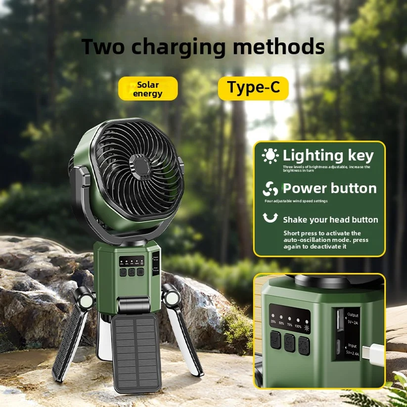 Solar Powered Camping Fan With Automatic Shaking And Portable Ceiling Fan Light, Super Long-lasting Outdoor Electric Fan