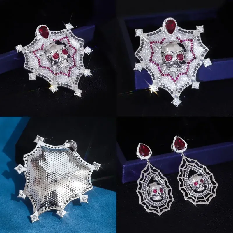 New to Chilled Skull 925 Sterling Silver Engraved Halloween Themed Moissanite Gem Pendant Earrings Ornament Set