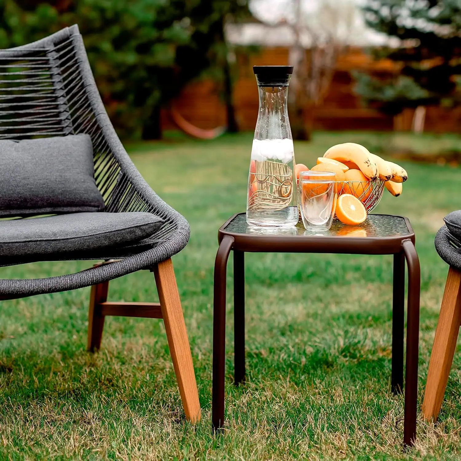 Set of 3 16-inch Square Outdoor Side Tables with Bronze Metal and Tempered Glass Top, for Garden - Elegant and Weather-Resistant