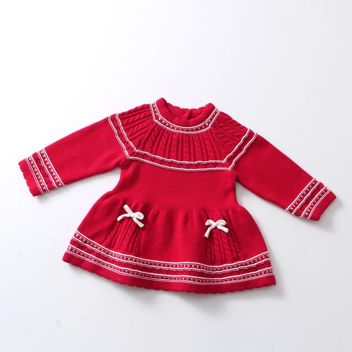

Autumn 0-4Y Baby Girl Cotton Knitted Sweater Dress Bowknot Cable Knit Princess Dress for Toddler Kids Christmas New Year Outfit