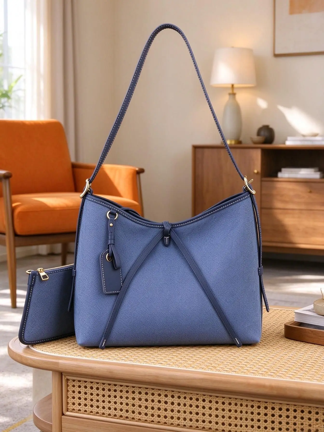 Fashion Blue Hobo Shoulder Bag Set for Women, Drawstring Tie Detail, Gold Hardware, Big Storage for Shopping & Travel