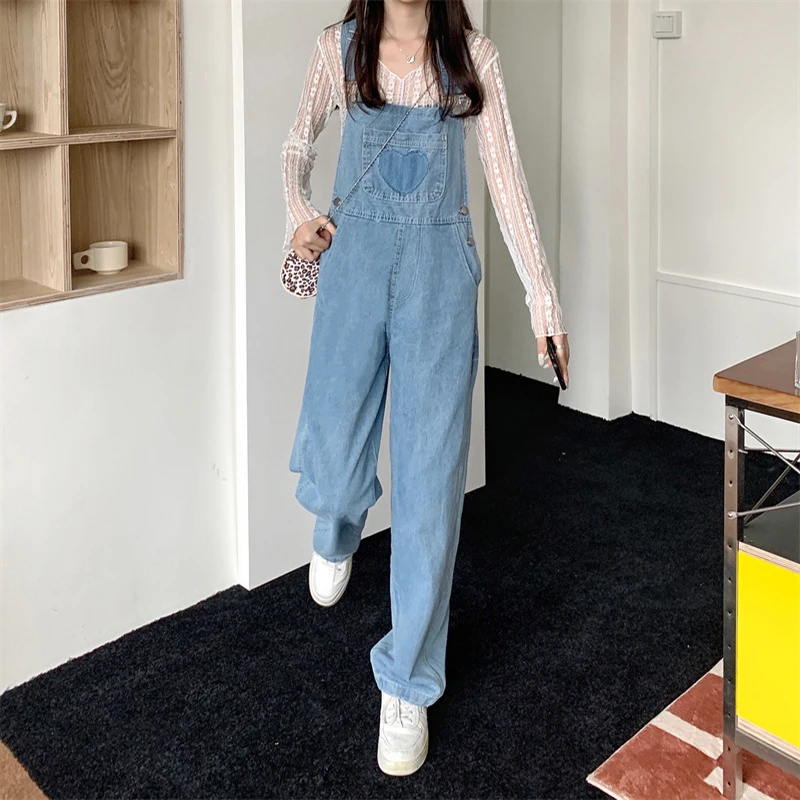 데님 오버올 여성 신상 레트로 디자인 하트 와이드 레그 팬츠 패션 하이웨이스트 루즈핏 진 점프수트