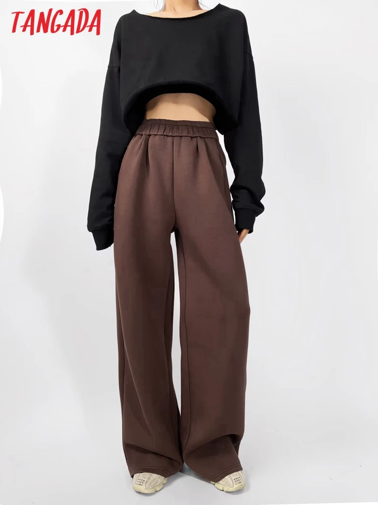 Tangada 2024 Women Loose Long Sweatshirt Pants Trousers Strethy Waist Female Pants 2T88