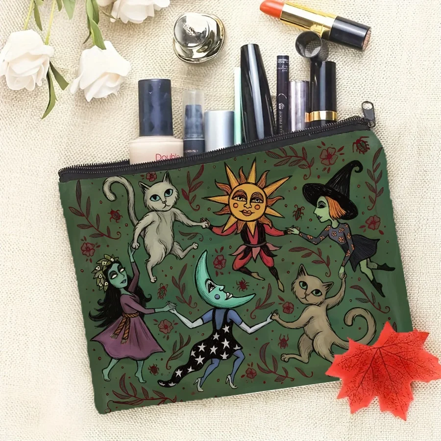Enchanting Forest Makeup Bag - Witch, Cats, Moon, Stars & Floral Fantasy Purse - Dark Green Cosmetic Organizer