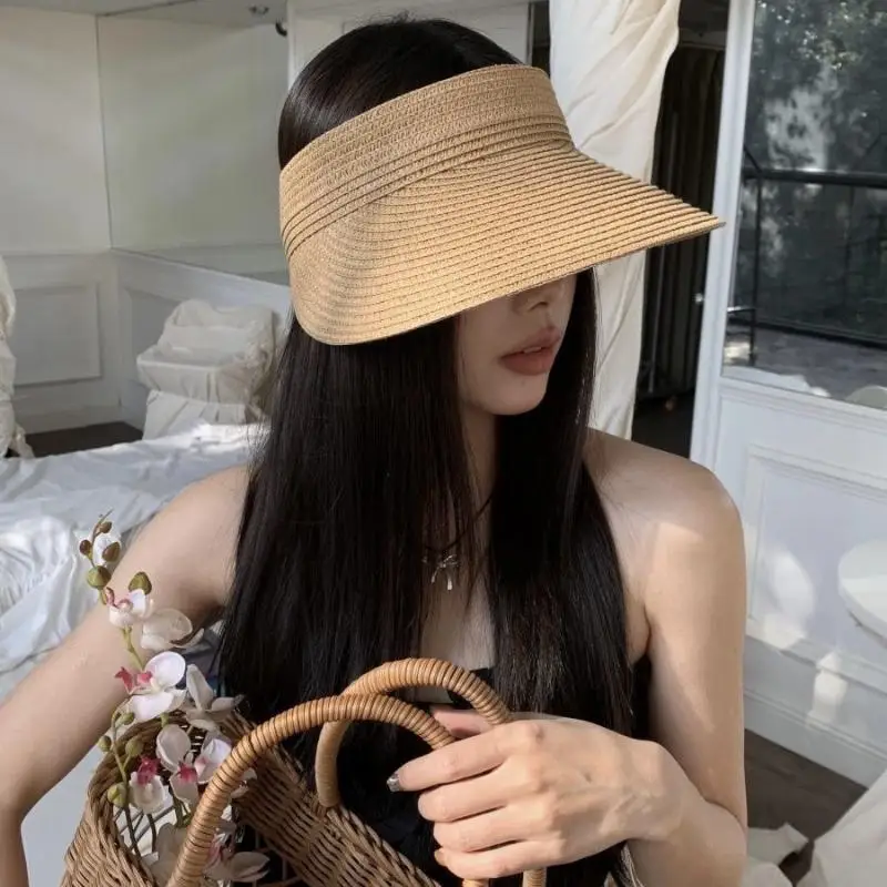 Women Woven Straw Sun Visor Hat Wide Brim UV Protection Foldable Easy Storage for Summer Seaside Outdoor Activities