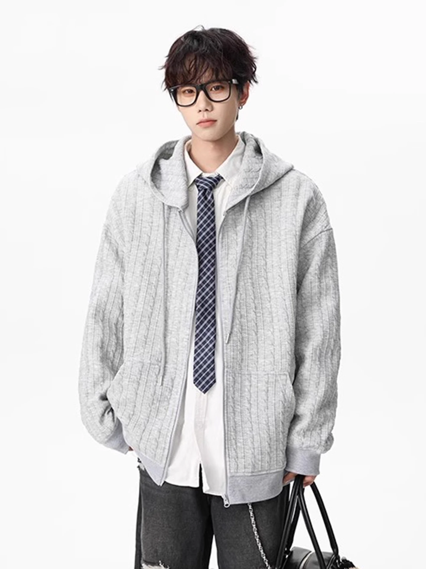 

ay Texture Hoodie Men's Loose Casual American Sle Open Cardigan Jaet Autumn 2025 New Cleanfit Loose Fit Long Sve Zipper