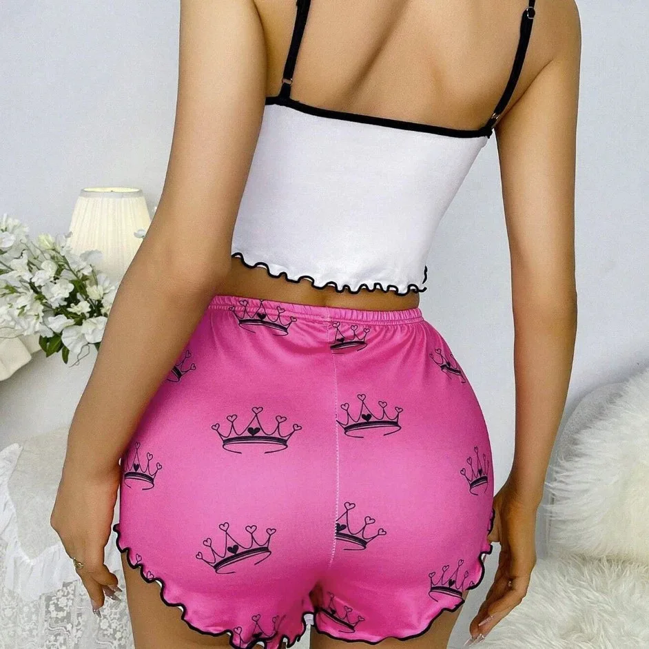 Summer Women's Milk Silk Printed Crown & Flamingo Shorts Tank Top Two-Piece Set… - Image 4