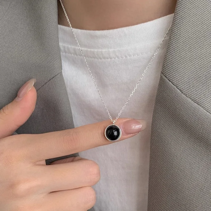 925 Sterling Silver Necklace Black Stone Geometric Simple Pendant Adjustable for Women Girl Jewelry Gift Dropshipping Wholesale