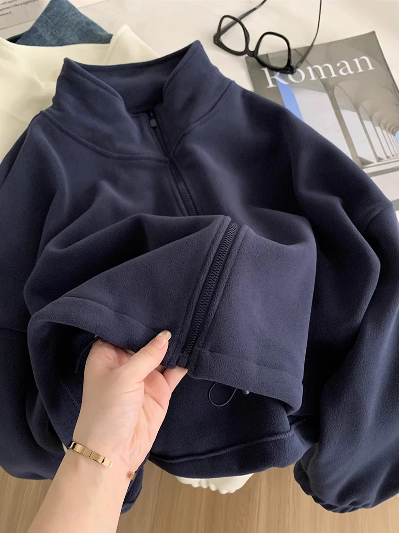 

Корейский флисовый кардиган, топы для женщин, осень-зима, новый свитшот с воротником-стойкой на молнии, темно-синий повседневный бархатный короткий верхняя одежда