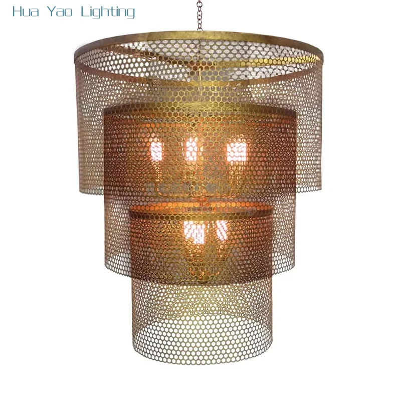American Retro Stainless Steel Mesh Hollow Chandelier Restaurant Bar Counter Living Room Bedroom Study Villa Lighting Fixtures
