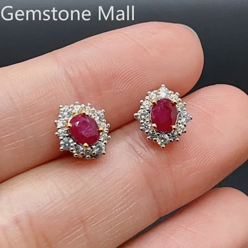 Total 0.8ct Natural Myanmar Ruby Earrings 4mm*5mm Ruby 925 Silver Jewelry 18K Gold Plating Ruby Jewelry for Daily Wear