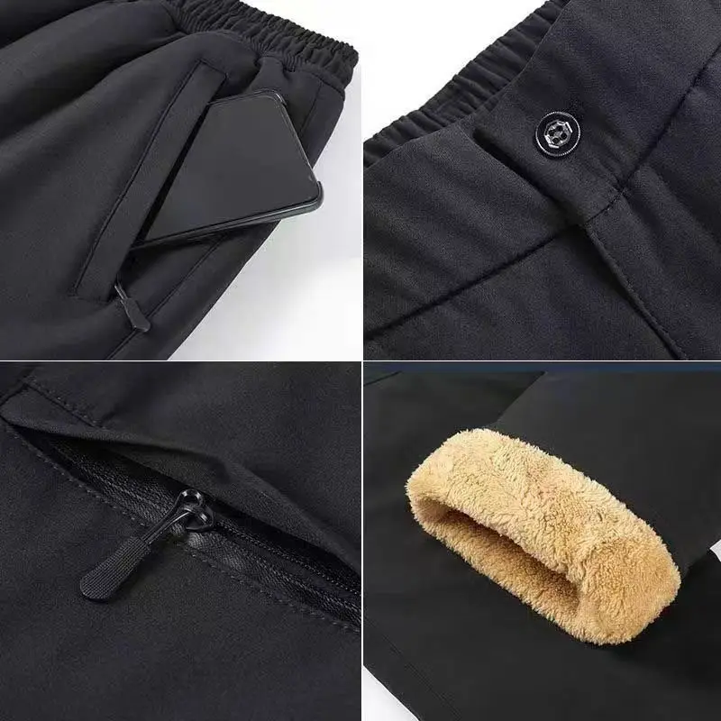 Мужские зимние теплые повседневные брюки из плотного флиса 2025, мужские хлопковые брюки с высокой талией и молнией спереди, верхняя одежда для отца, ветрозащитные брюки