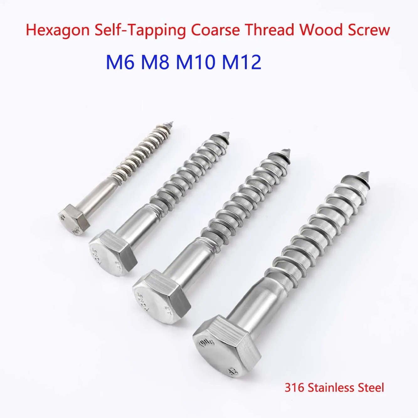 316 Stainless Steel Hexagon Self-Tapping Coarse Thread Wood Screw Hexagon Head Wooden Nail  M6 M8 M10 M12 Length30mm~200mm