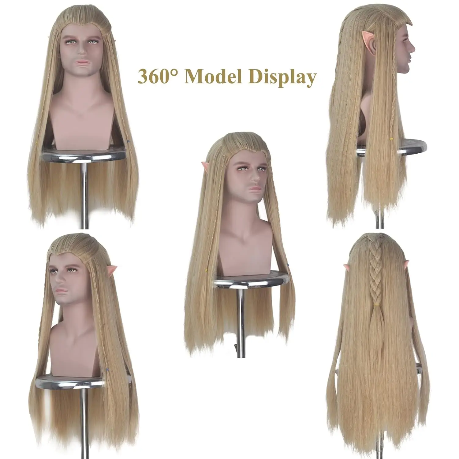 Synthetic Long Straight Wig+Elf Ears for Men Ash Blonde Braids Wig Halloween Party the Hobbit Prince Legolas Cosplay Anime Wig image 2