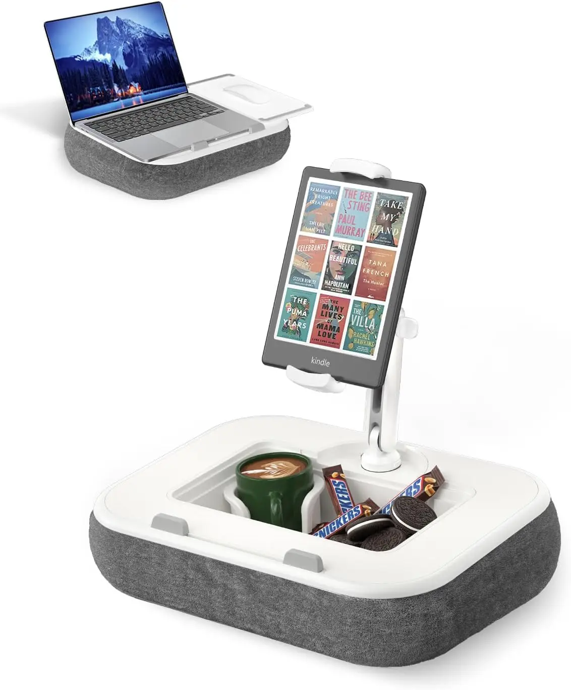 

Adjustable Pillow Stand for Tablets & Laptops with Snack Bowl, Cup Slot, and 360° Arm