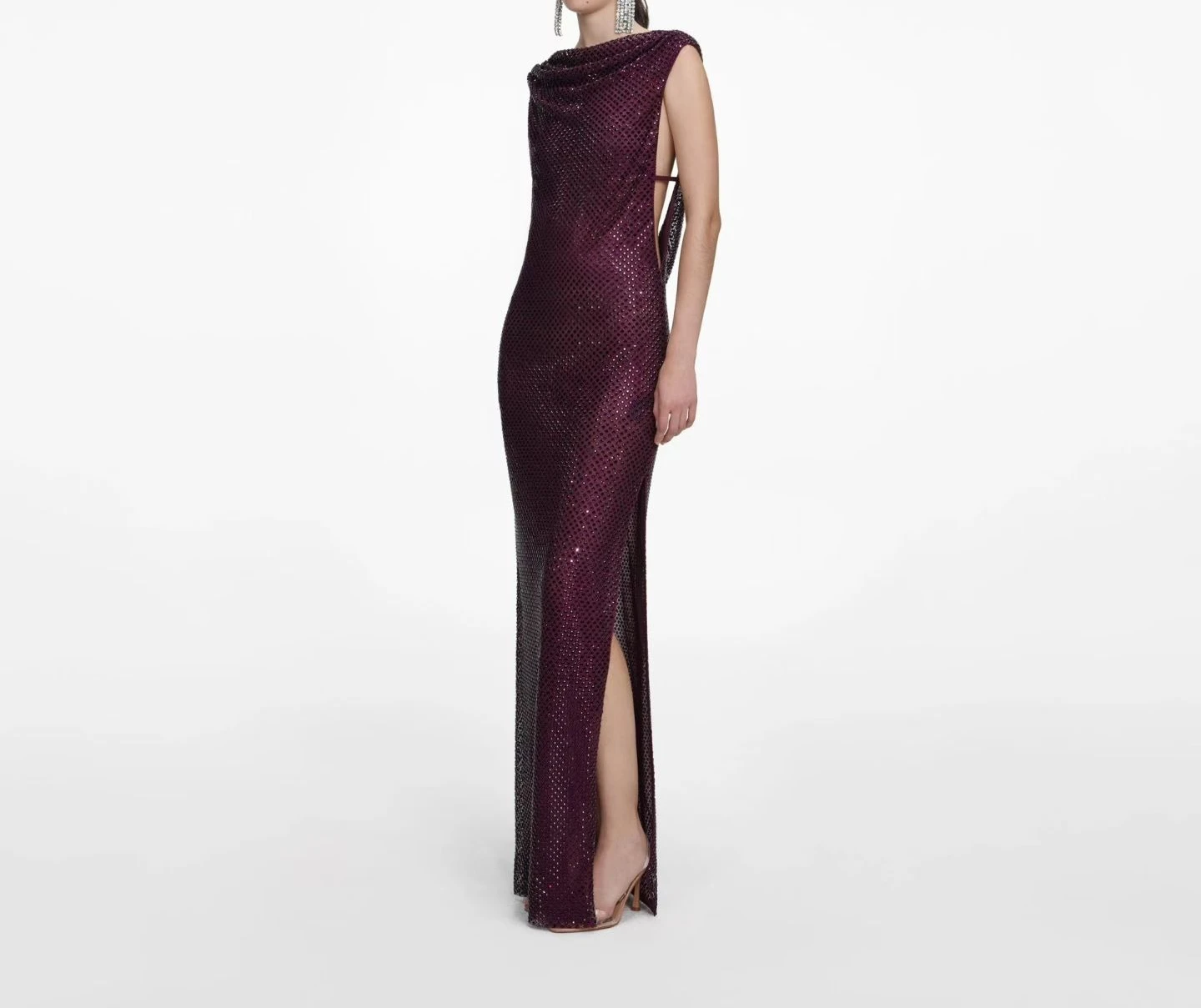 Damen 2025, neues wunderschönes, violettes, ärmelloses, mit Diamanten gepresstes Midikleid, attraktiv