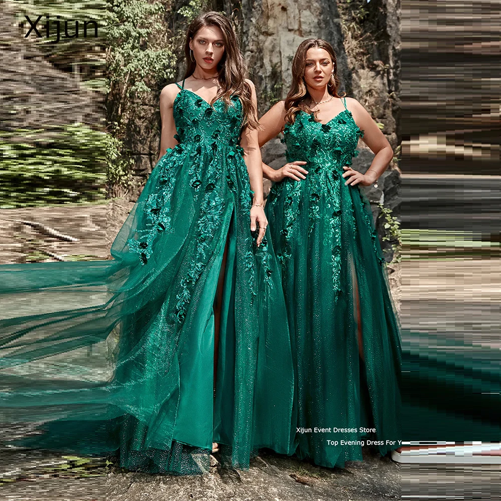 

Xijun Sparkly Green Evening Dresses Lace Spaghetti Strap Party Dresses Prom Dress Graduation High Side Slit Sleeveless Prom Gown