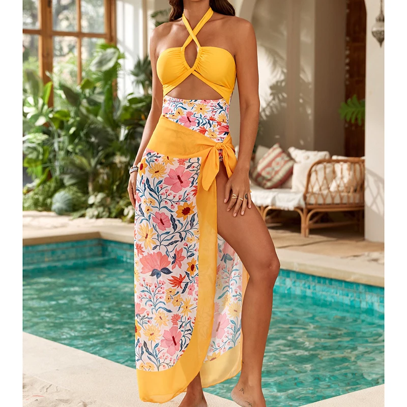 Halter Bikini Women One Piece Swimsuit Mesh Cover Up Spliced Print Hollow Out High Cut Brazilian Beachwear 2025 New Bathing Suit