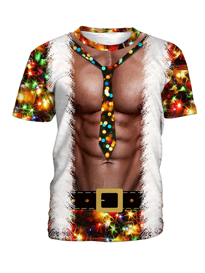 Lustiges Herren-Weihnachts-T-Shirt mit 3D-Muskel-Print, Weihnachtsmann-Anzug, Neuartiges Weihnachts-Party-Kurzarm-T-Shirt mit Rundhalsausschnitt, Verschiedene Stile – Detail 6