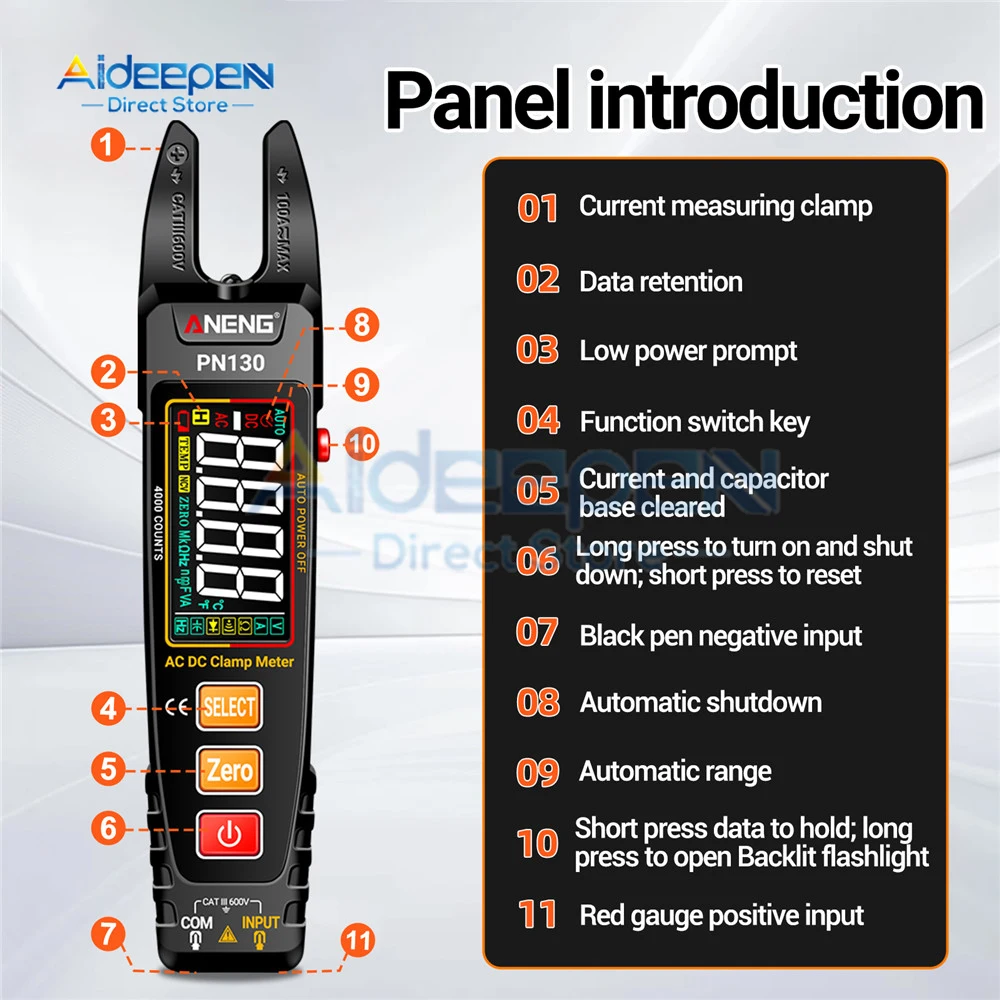 PN130 U-shaped Clamp Meter Built-in lithium Battery Pliers Tester AC/DC Voltage Current Tools with USB Charge Type-c Cable