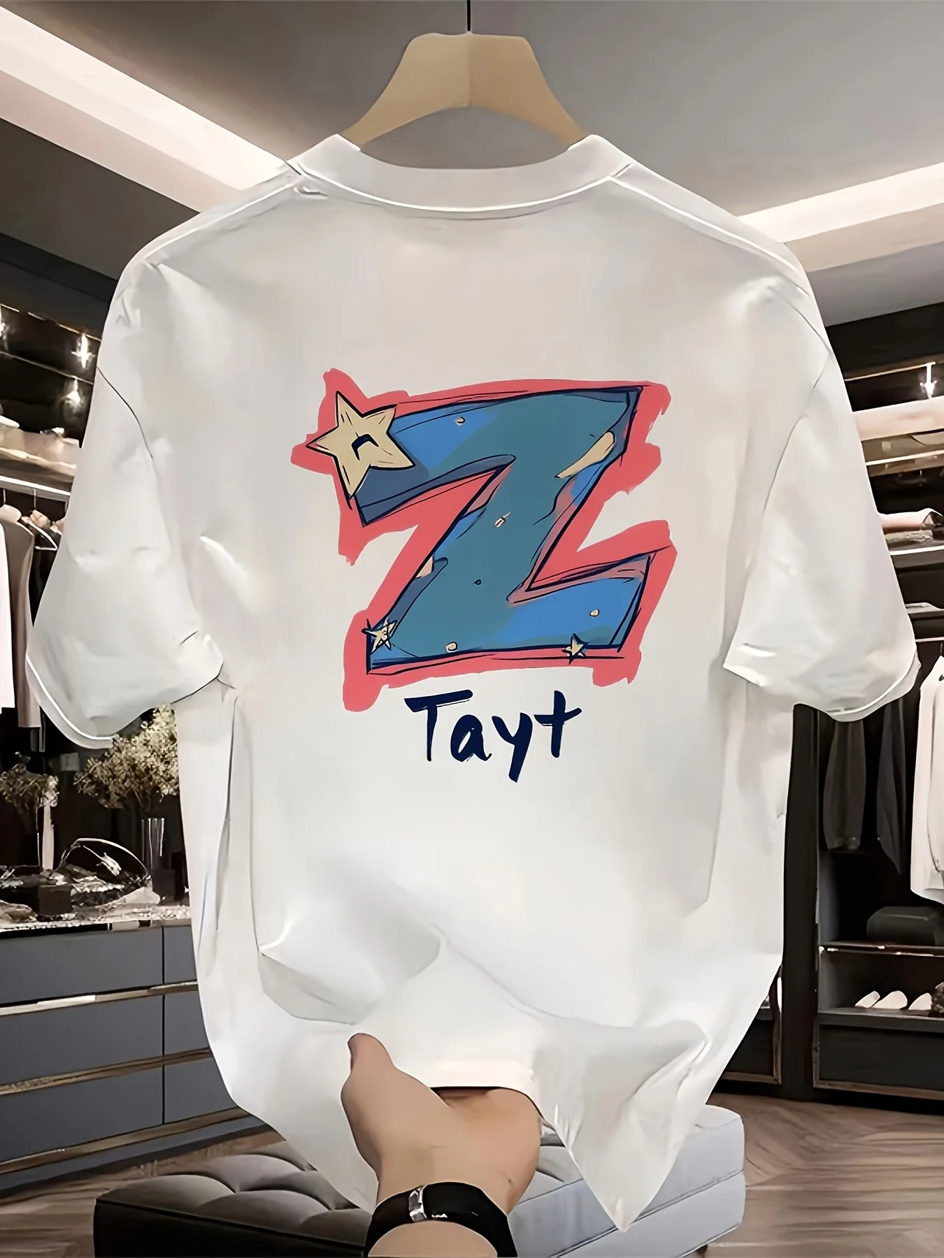 Men's Printed T-Shirt - Striking Z and Star Print, Casual Summer T-Shirt, Regular Fit, Short Sleeve Crew Neck