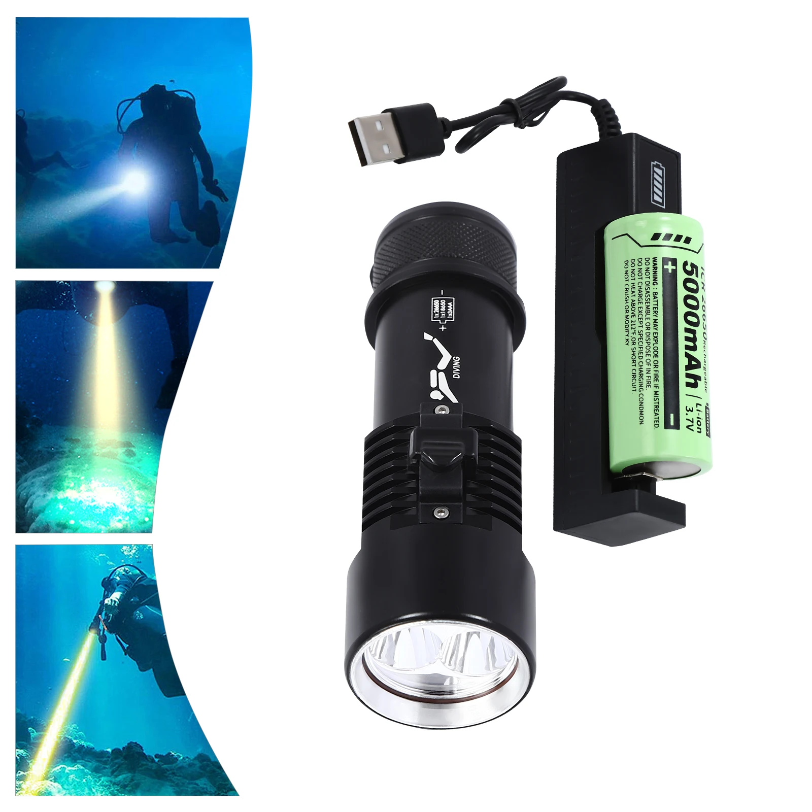 

IP88 Waterproof Dive Flashlight, Dual White & Yellow LED Diving Light with 26650 Battery & USB Charger, 100M Submersible Underwater Torch for Snorkeling Diving