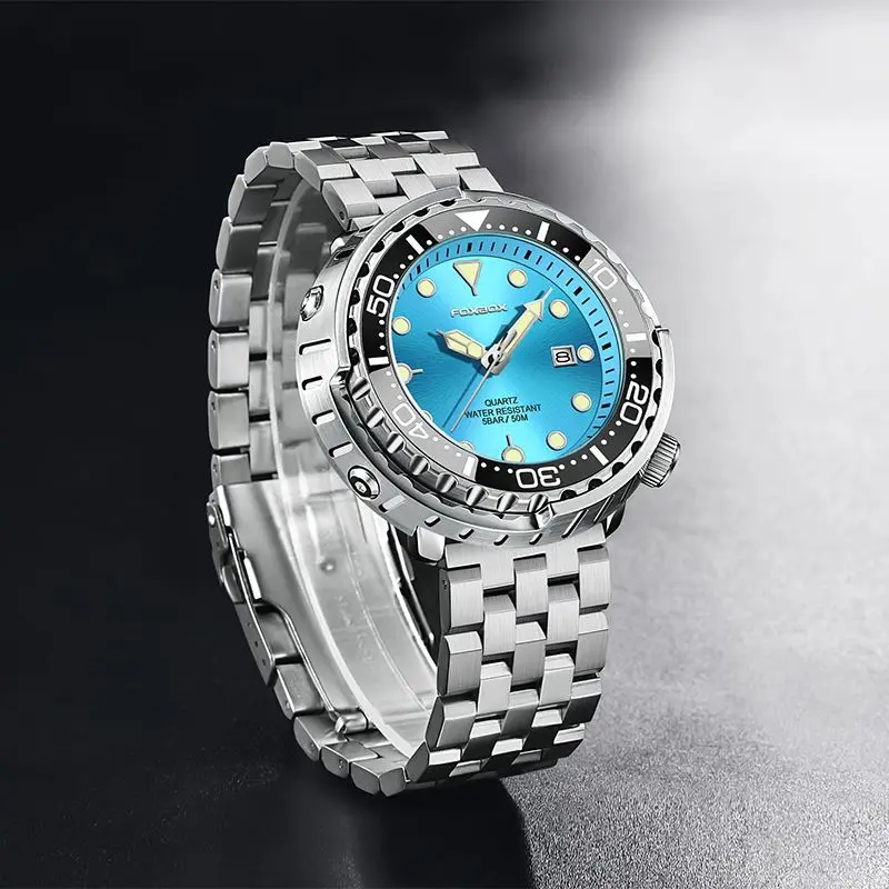 Foxbox relógio de quartzo luminoso masculino, caixa de liga de zinco, pulseira de aço inoxidável, calendário de três mãos, 30m, à prova d'água, relógio masculino de negócios