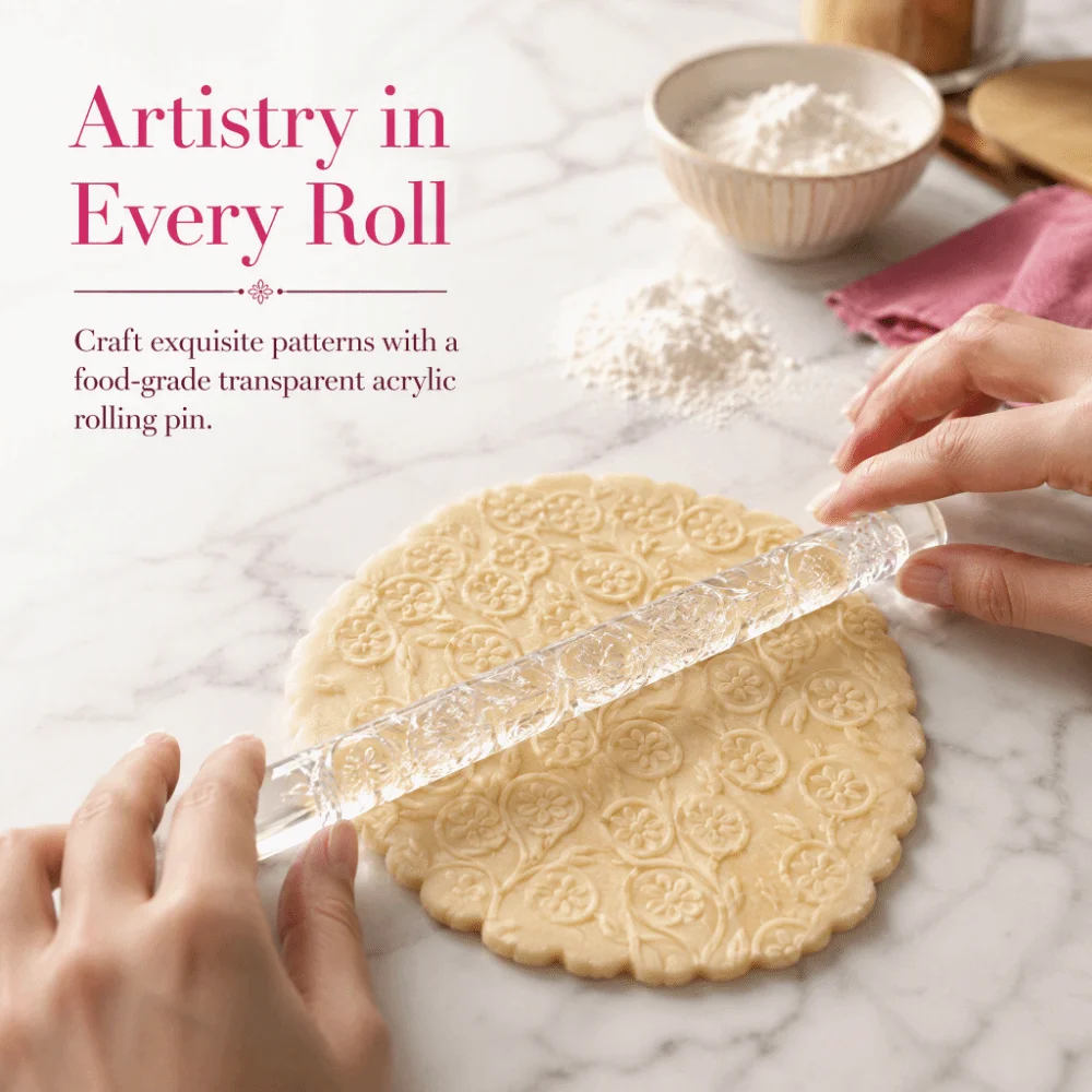 Floral Vine Embossed Acrylic Rolling Pin Acrylic Comfortable Handle Pastry Rolling Pin Light Weight Compact Size