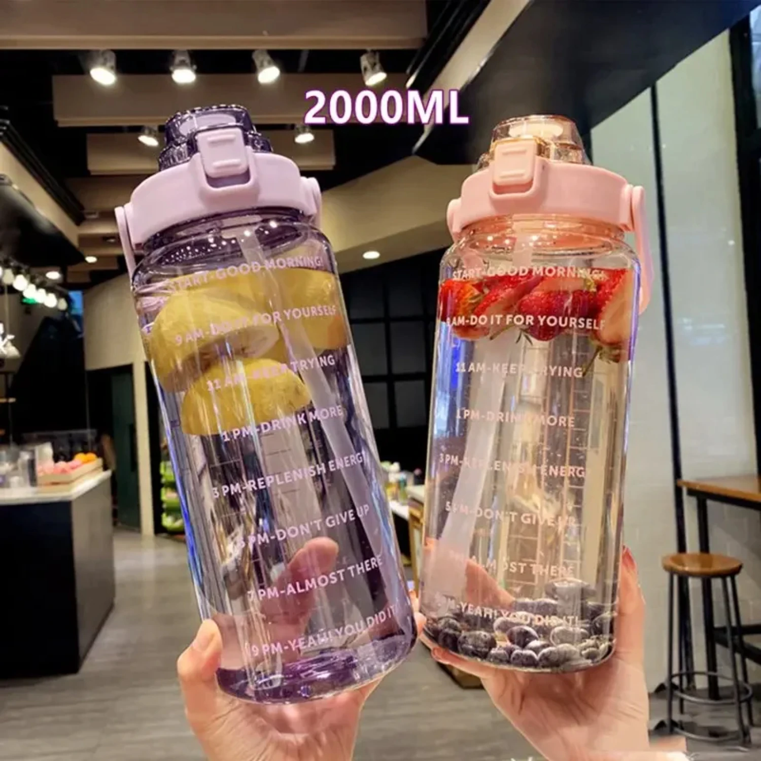 

2 Liter Water Bottle with Straw Portable Large Capacity Bottles Outdoor Sport Cold Water Bottles with Time Marker Drinkware Gift