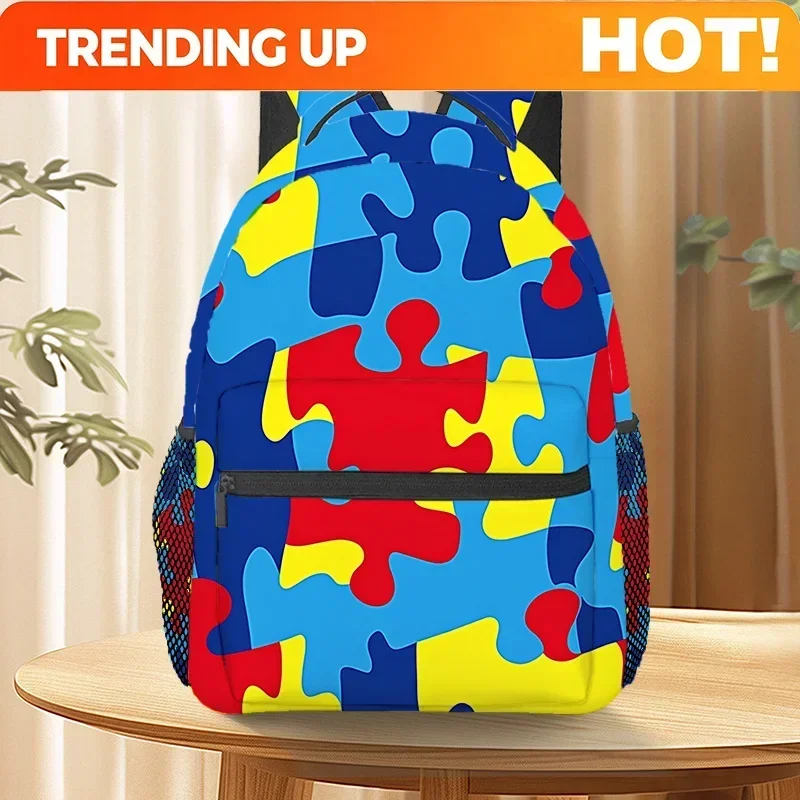 Custom Bag Autism Awareness Puzzle Backpack - Customizable Colorful Puzzle Print Lightweight Travel Backpack With Adjustable Str
