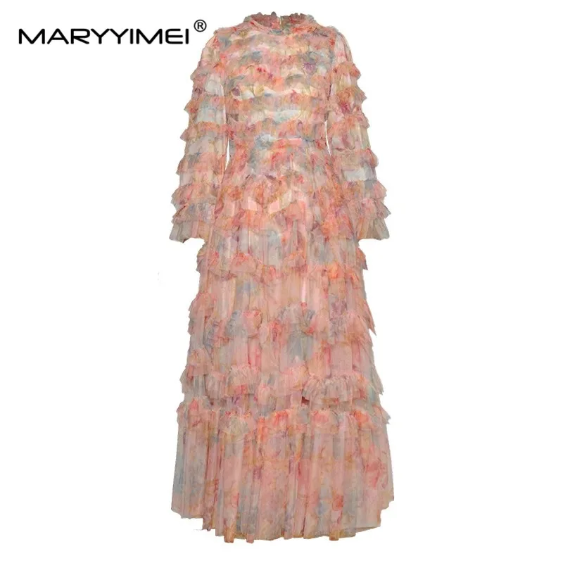 

MARYYIMEI Spring Summer Fashion Women's dress Long sleeved Mesh Print Ruffles Maxi Cake Dresses